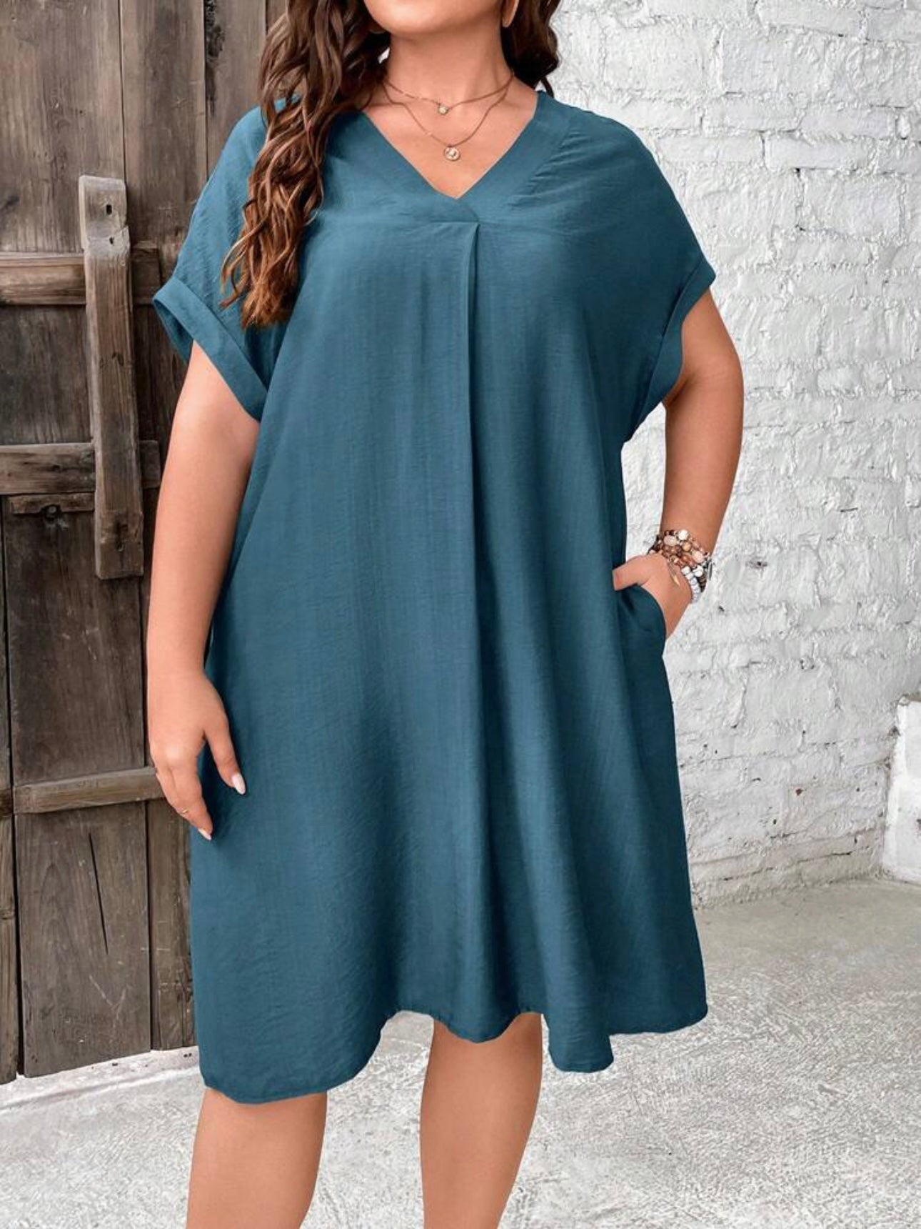 V-neck Fold-up Batwing Sleeve Side Pocket Plus Size Dress