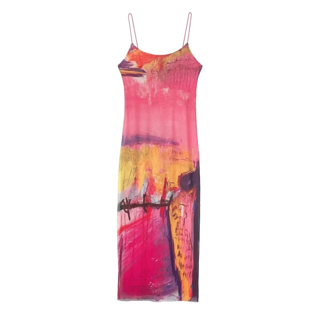 Square Neck Multi Sunset View Print Cami Dress