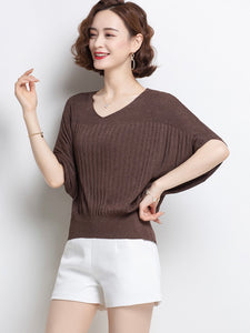 V-neck Batwing Sleeve Embossed Pattern Oversize Knitted Top