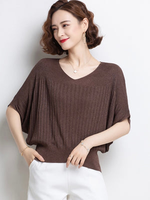 V-neck Batwing Sleeve Embossed Pattern Oversize Knitted Top