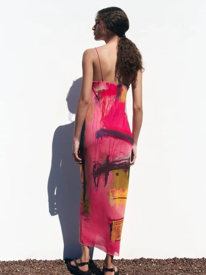 Square Neck Multi Sunset View Print Cami Dress