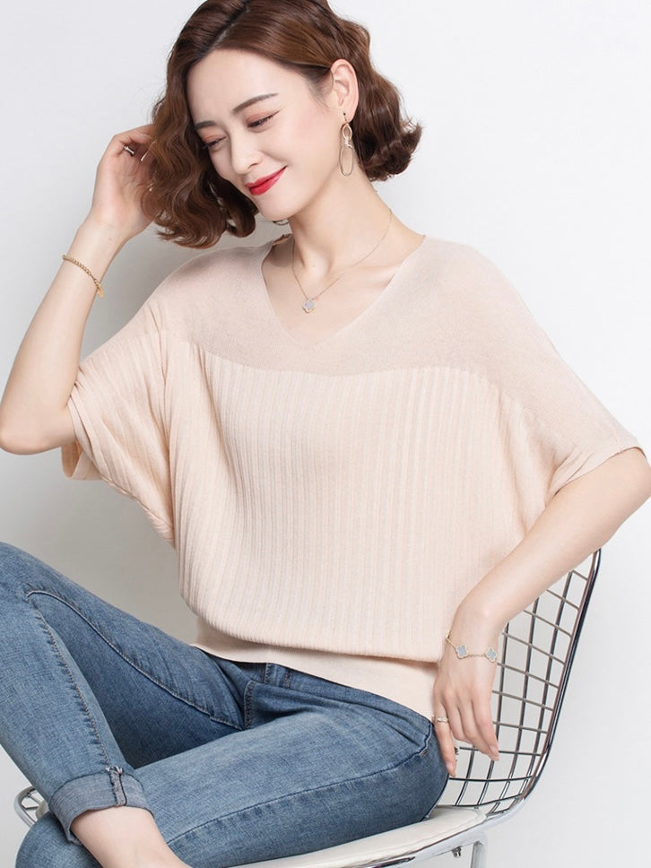 V-neck Batwing Sleeve Embossed Pattern Oversize Knitted Top