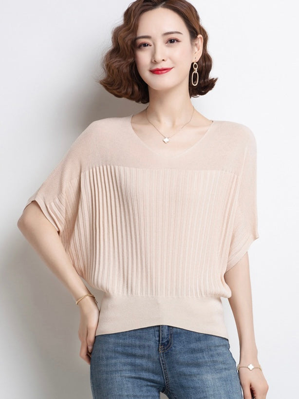 V-neck Batwing Sleeve Embossed Pattern Oversize Knitted Top