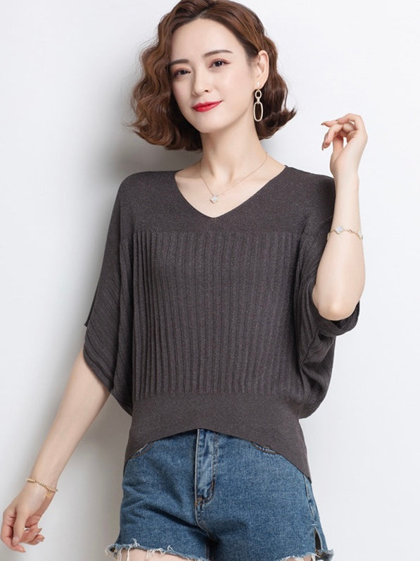 V-neck Batwing Sleeve Embossed Pattern Oversize Knitted Top