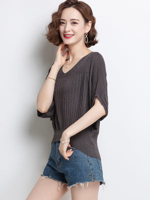 V-neck Batwing Sleeve Embossed Pattern Oversize Knitted Top