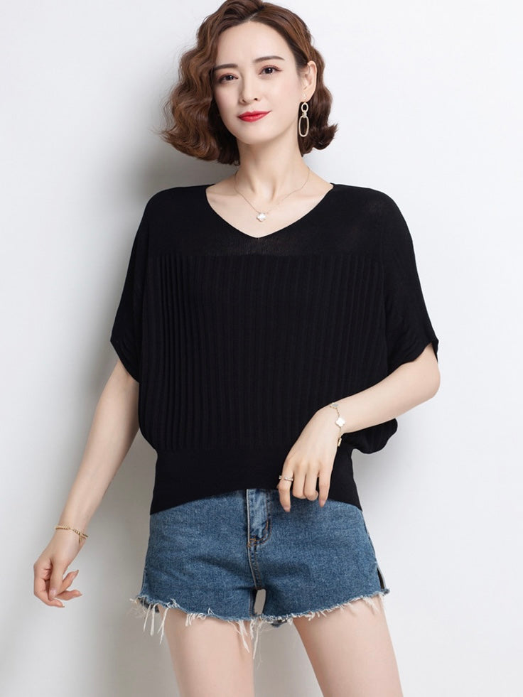 V-neck Batwing Sleeve Embossed Pattern Oversize Knitted Top