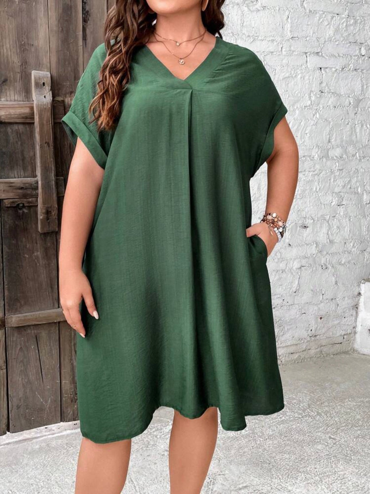 V-neck Fold-up Batwing Sleeve Side Pocket Plus Size Dress