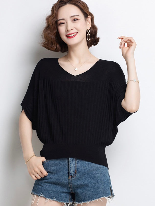 V-neck Batwing Sleeve Embossed Pattern Oversize Knitted Top