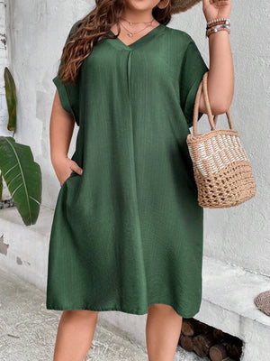 V-neck Fold-up Batwing Sleeve Side Pocket Plus Size Dress