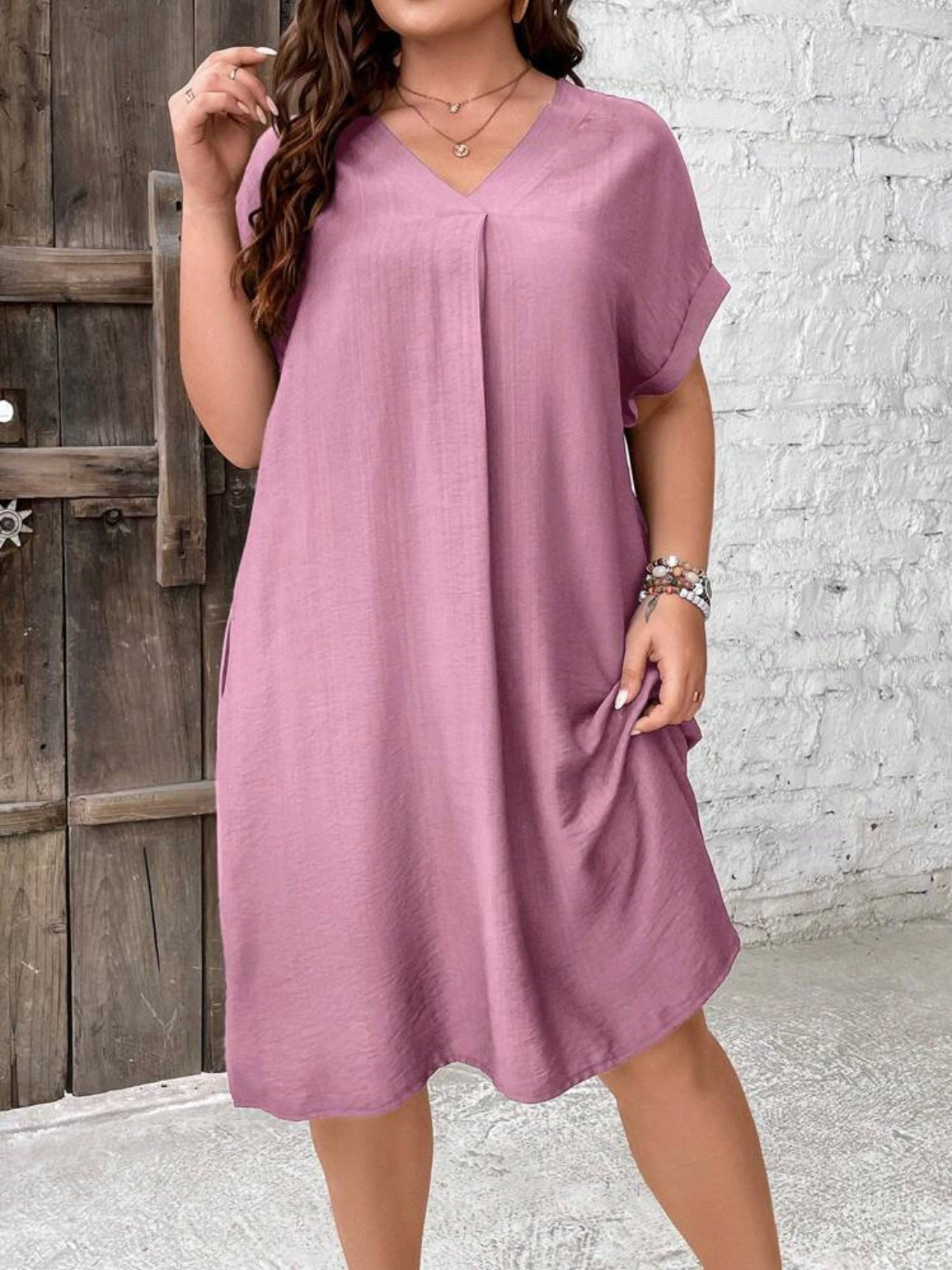 V-neck Fold-up Batwing Sleeve Side Pocket Plus Size Dress