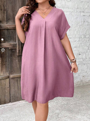 V-neck Fold-up Batwing Sleeve Side Pocket Plus Size Dress