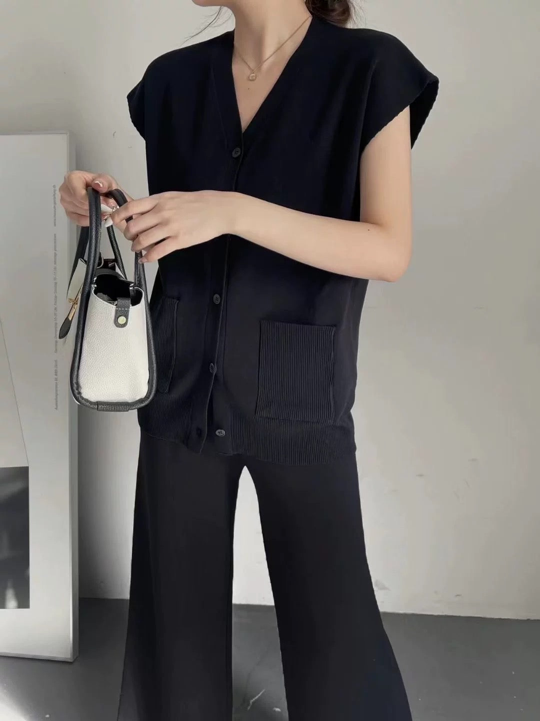 Button Down Side Pocket Loose Top & Wide Leg Garter Pants Oversize Knitted Terno Set Coords