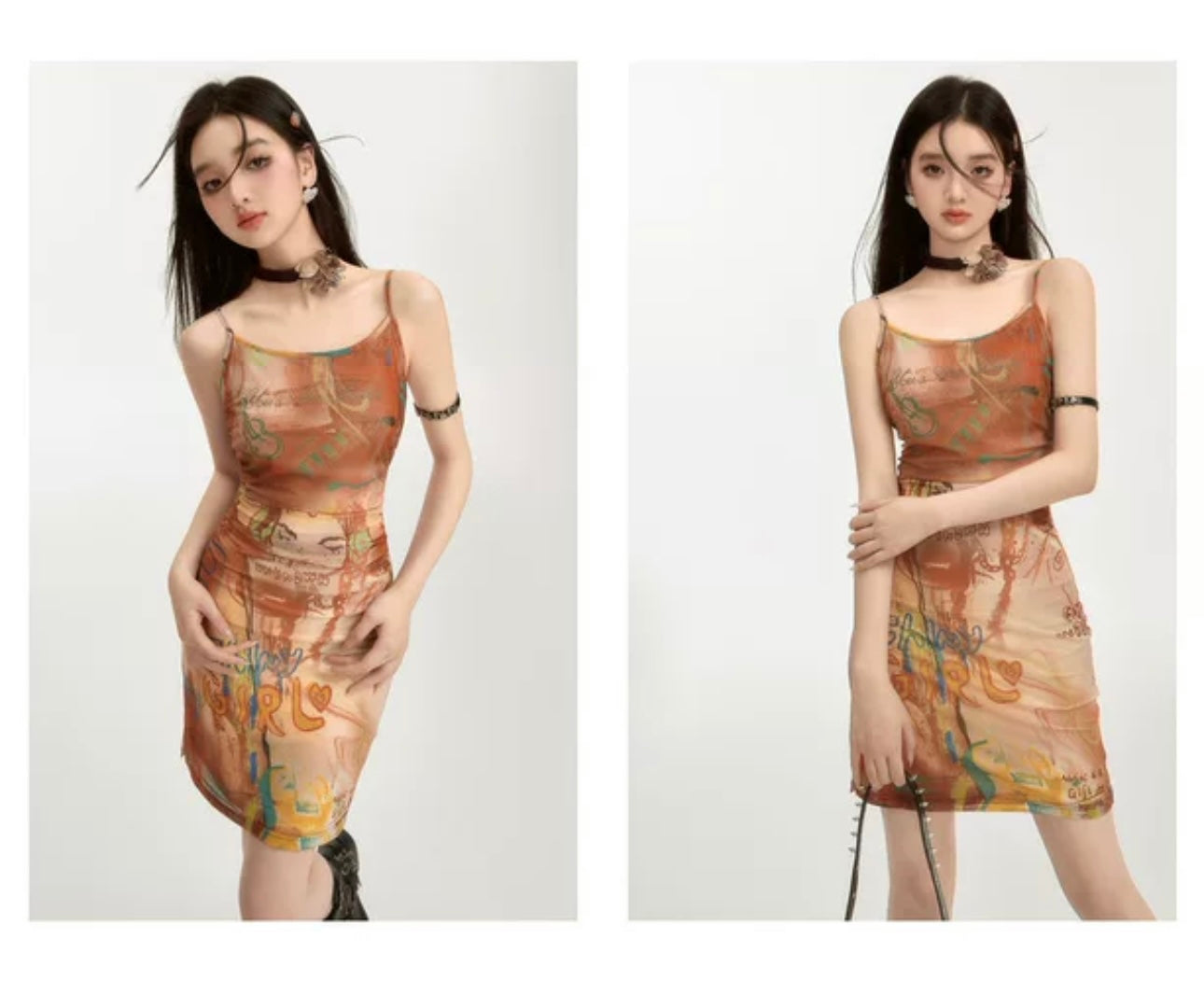 Ruched Side Slit Hem “you are loved” Multi Print Cami Dress