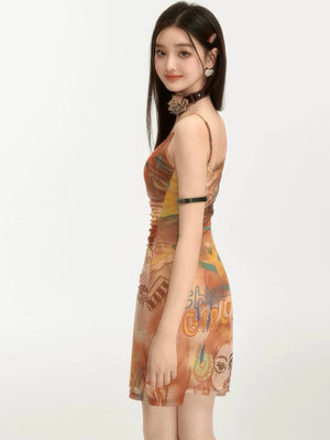 Ruched Side Slit Hem “you are loved” Multi Print Cami Dress