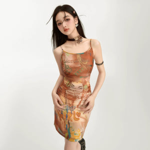 Ruched Side Slit Hem “you are loved” Multi Print Cami Dress