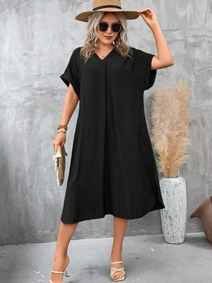 【L-3XL】 V-neck Fold-up Sleeve 2 Side Pocket Plus Size Dress
