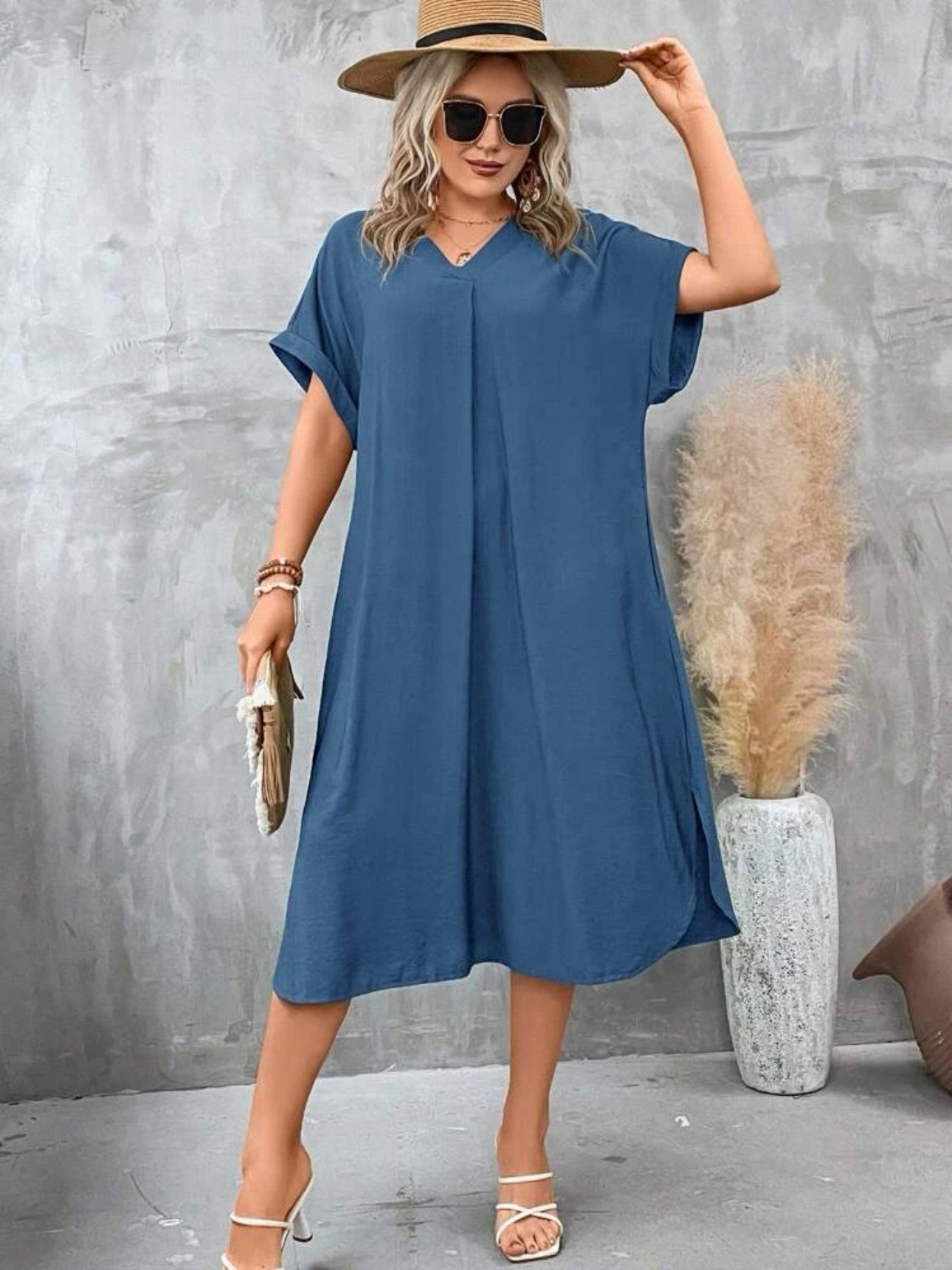 【L-3XL】 V-neck Fold-up Sleeve 2 Side Pocket Plus Size Dress