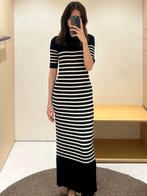 Korean Simple Elegant Stripe Knitted Dress