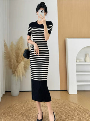 Korean Simple Elegant Stripe Knitted Dress