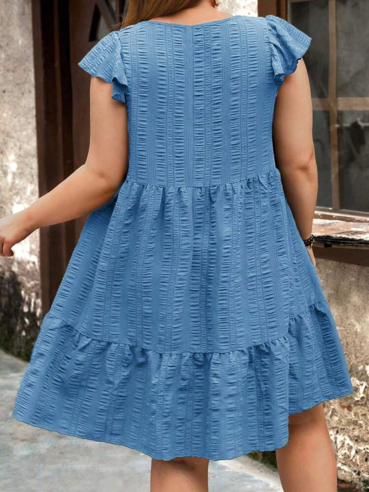 【L-3XL】 Ruffle Sleeve Flounce Hem Babydoll Plus Size Dress