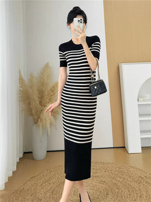 Korean Simple Elegant Stripe Knitted Dress