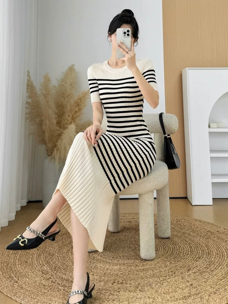 Korean Simple Elegant Stripe Knitted Dress
