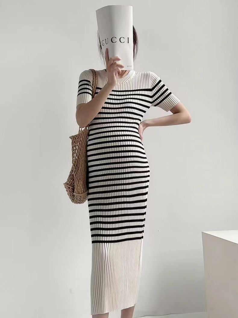 Korean Simple Elegant Stripe Knitted Dress