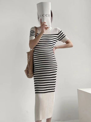 Korean Simple Elegant Stripe Knitted Dress
