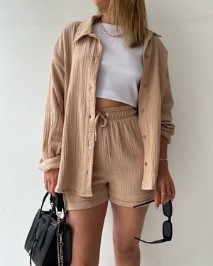 Single Pocket Button Down Long Sleeve Shirt & Garter Drawstring Shorts Terno Set Coords