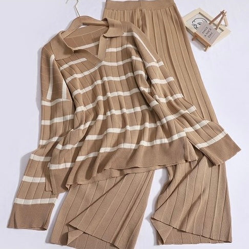 Stripe Collar Neck Side Slit Long Sleeve Top & Wide Leg Garter Pants Oversize Knitted Terno Set Coords