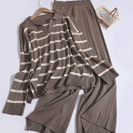 Stripe Collar Neck Side Slit Long Sleeve Top & Wide Leg Garter Pants Oversize Knitted Terno Set Coords