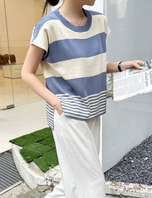 Side Split High Low Hemline 2 Tone Stripe Knitted Oversize Top