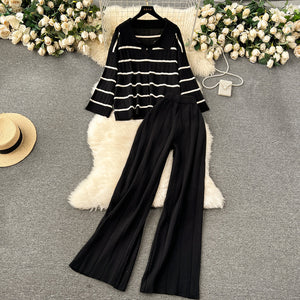 Stripe Collar Neck Side Slit Long Sleeve Top & Wide Leg Garter Pants Oversize Knitted Terno Set Coords