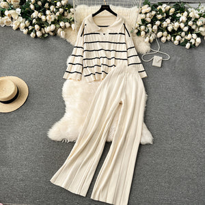 Stripe Collar Neck Side Slit Long Sleeve Top & Wide Leg Garter Pants Oversize Knitted Terno Set Coords