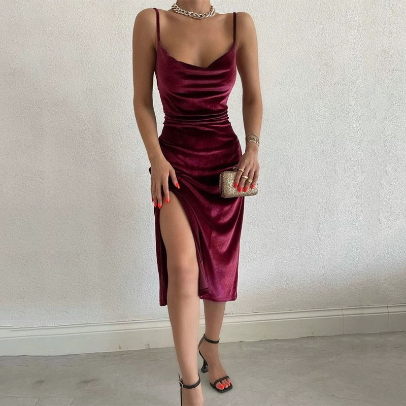 Side Slit Pleated Detail Velvet Cami Party Dress