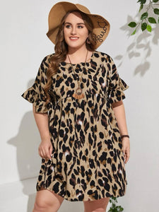 【L-3XL】 Ruffle Sleeve Leopard Pattern Babydoll Plus Size Dress