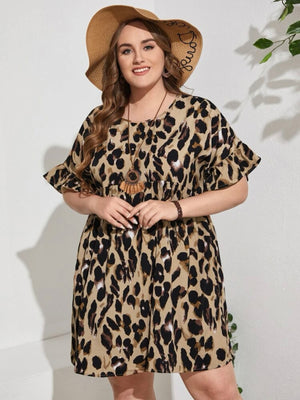 【L-3XL】 Ruffle Sleeve Leopard Pattern Babydoll Plus Size Dress