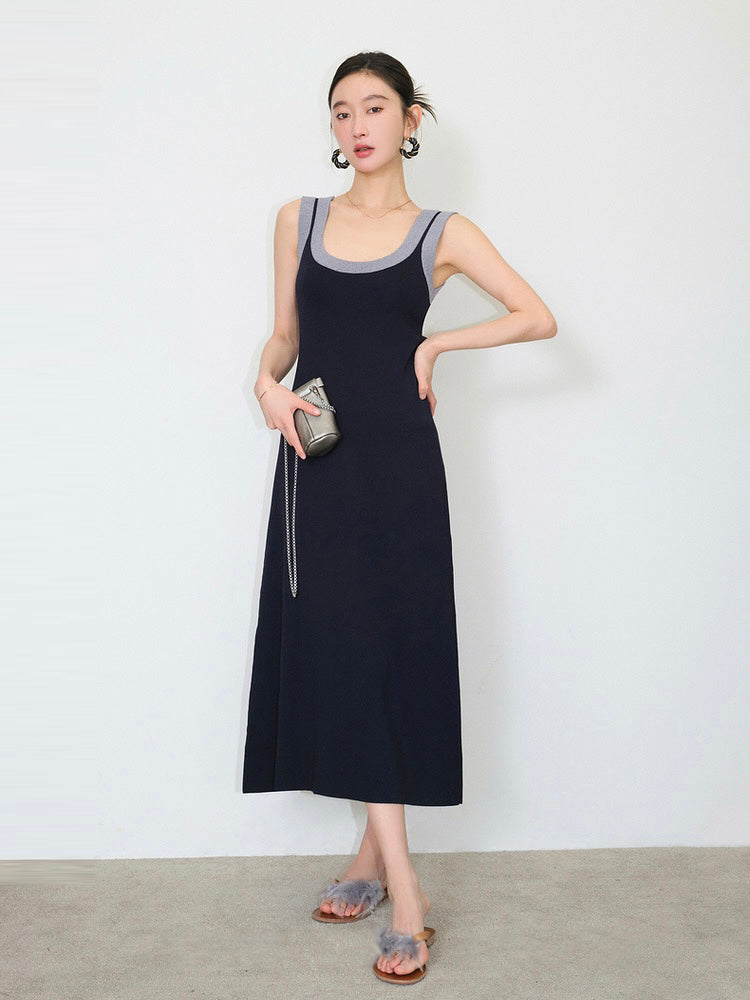 Two Tone U Neck Simple Solid Knitted Dress