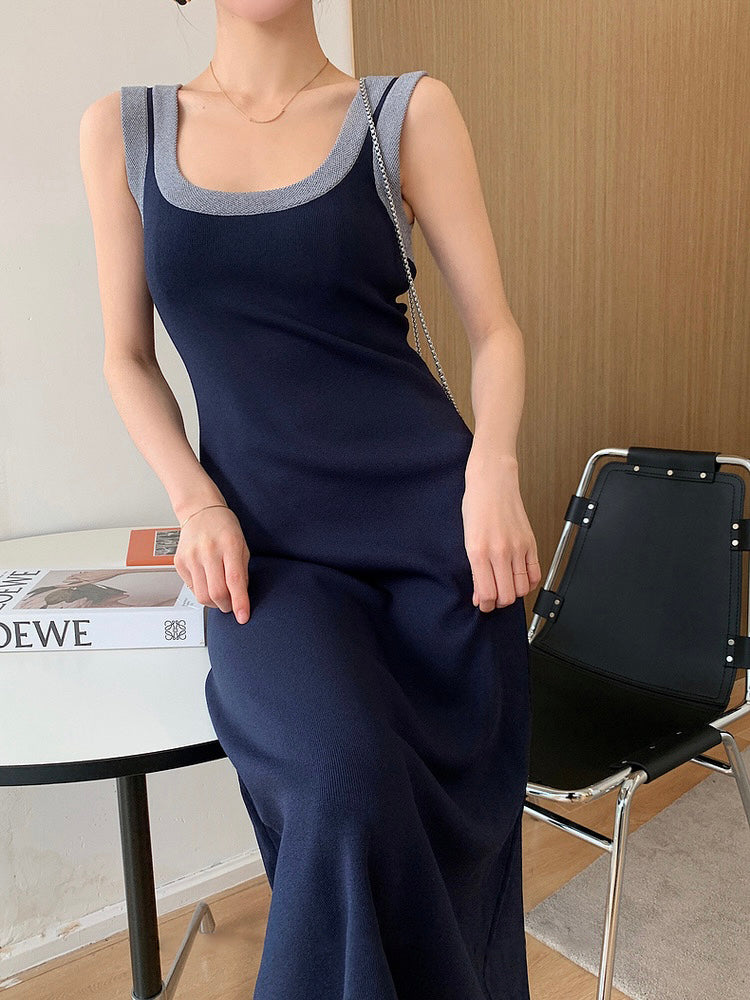Two Tone U Neck Simple Solid Knitted Dress