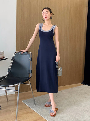 Two Tone U Neck Simple Solid Knitted Dress