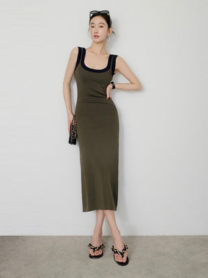 Two Tone U Neck Simple Solid Knitted Dress