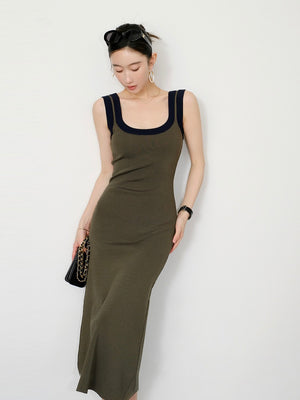 Two Tone U Neck Simple Solid Knitted Dress