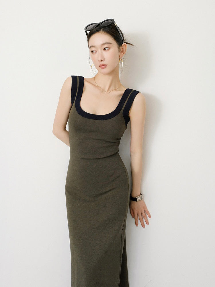 Two Tone U Neck Simple Solid Knitted Dress