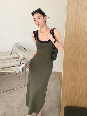 Two Tone U Neck Simple Solid Knitted Dress