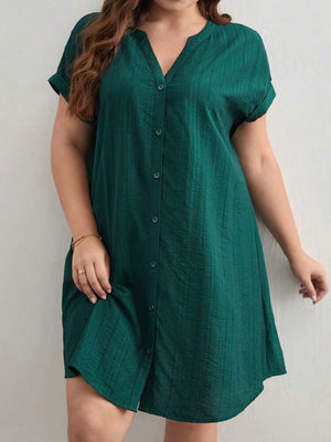 Button Down Fold-up Batwing Sleeve Plus Size Dress