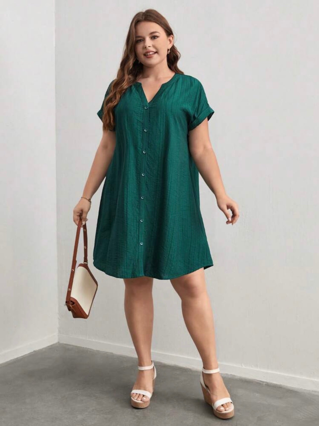 Button Down Fold-up Batwing Sleeve Plus Size Dress