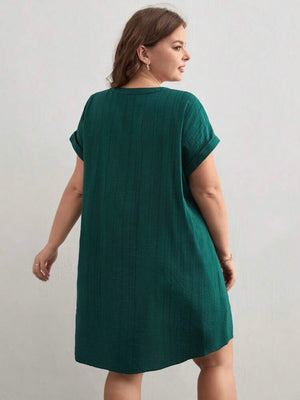 Button Down Fold-up Batwing Sleeve Plus Size Dress