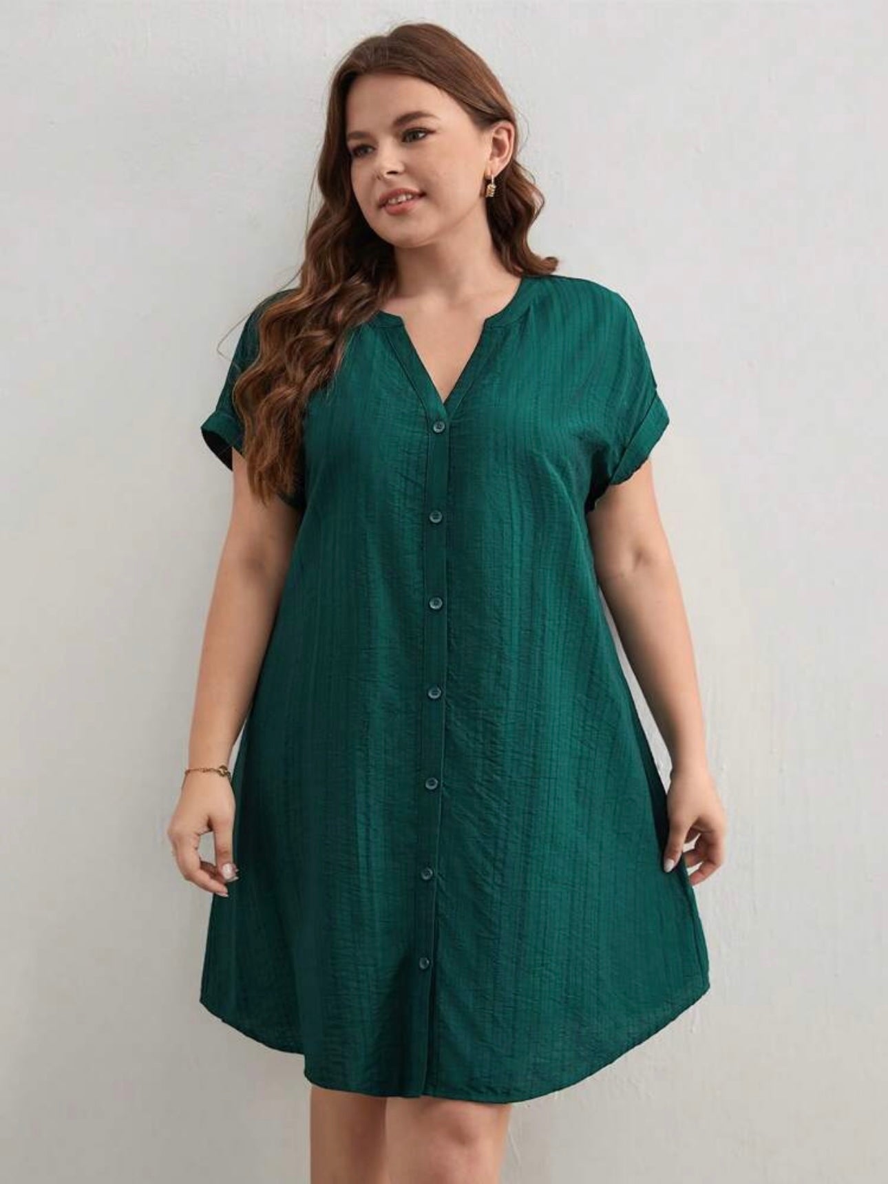 Button Down Fold-up Batwing Sleeve Plus Size Dress