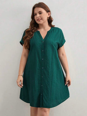 Button Down Fold-up Batwing Sleeve Plus Size Dress