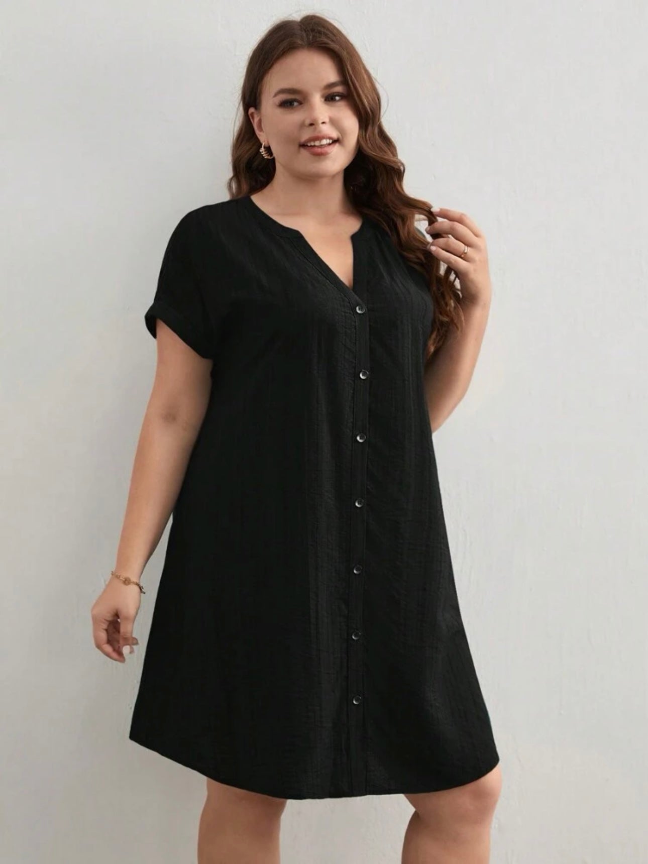 Button Down Fold-up Batwing Sleeve Plus Size Dress